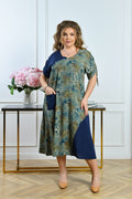 Blaues Kleid mit Print und Tasche Damen große Größen