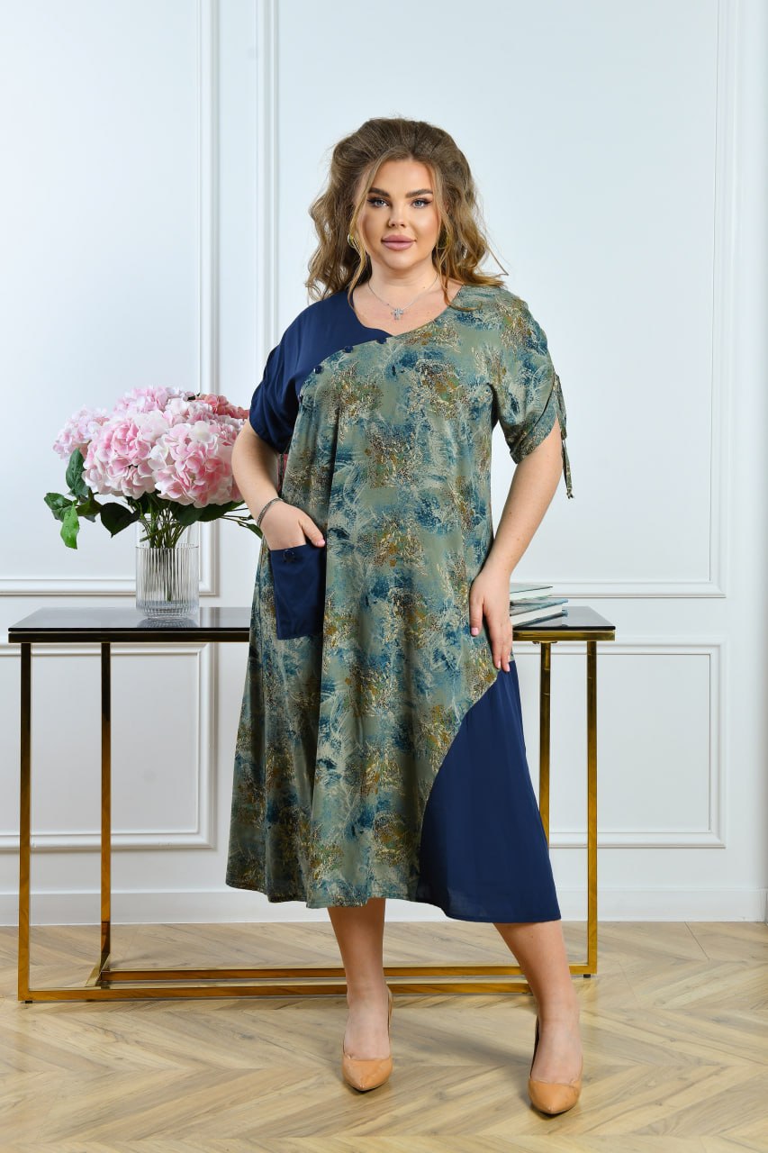 Blaues Kleid mit Print und Tasche Damen große Größen