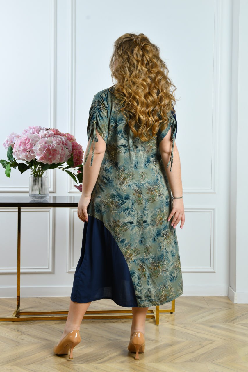 Blaues Kleid mit Print und Tasche Damen große Größen