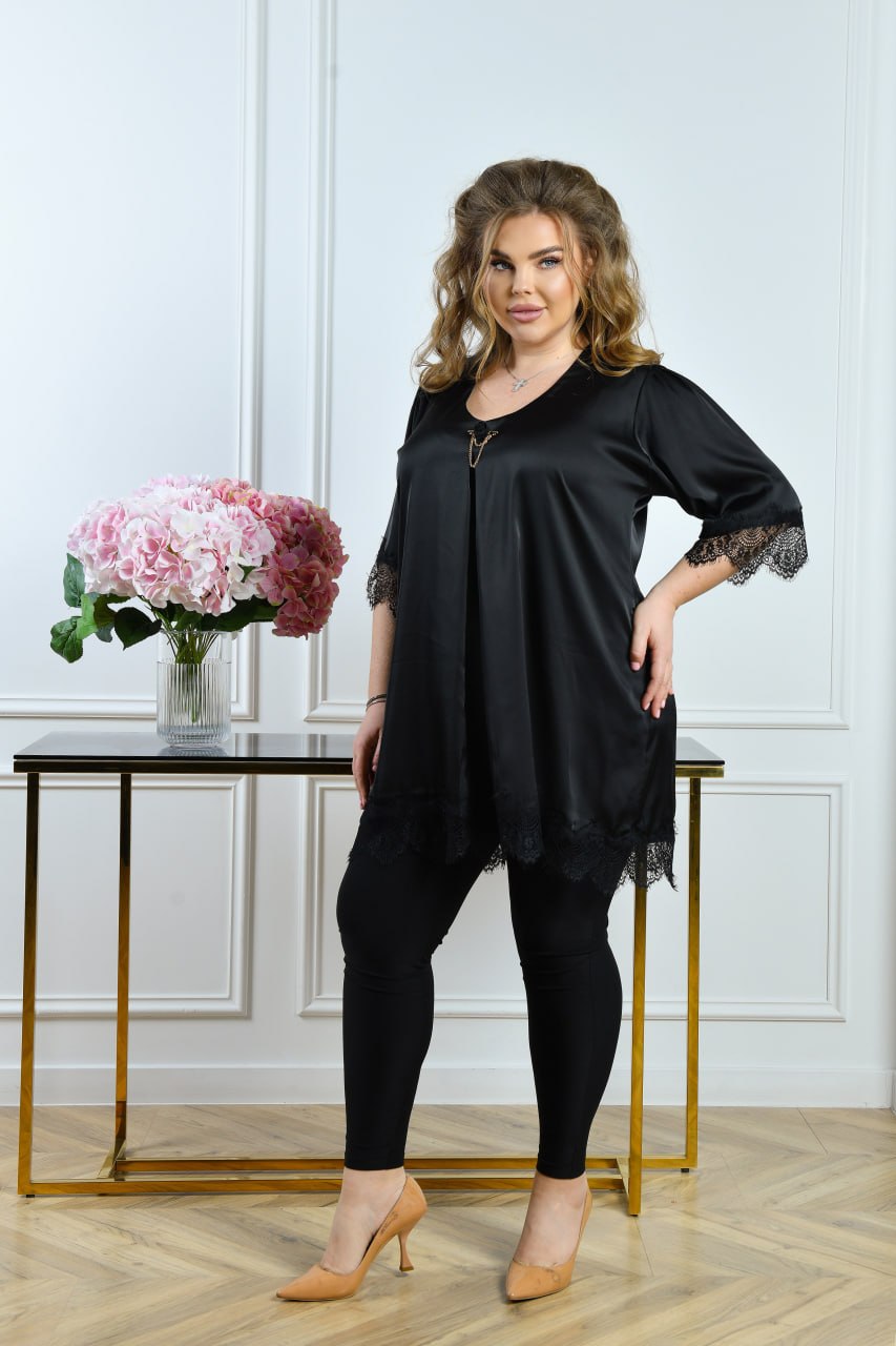 Schwarze Tunika mit Spitze Damen große Größen