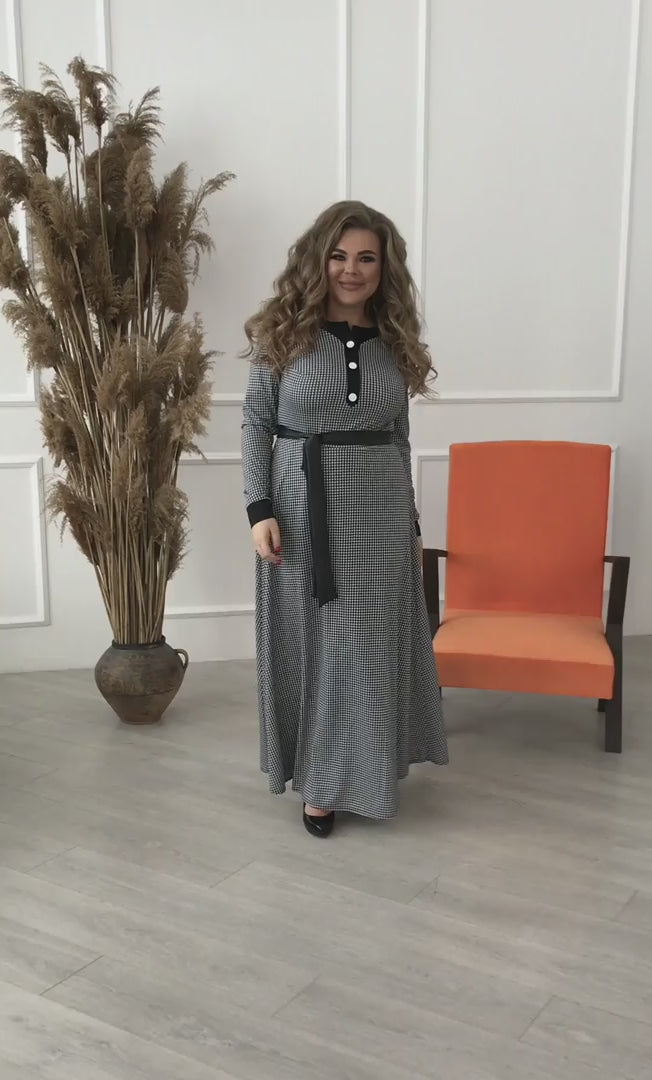 Maxikleid mit Hahnentritt mit Gürtel